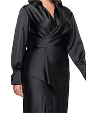 Xscape Plus Size Satin Long Sleeve Faux Wrap Gown