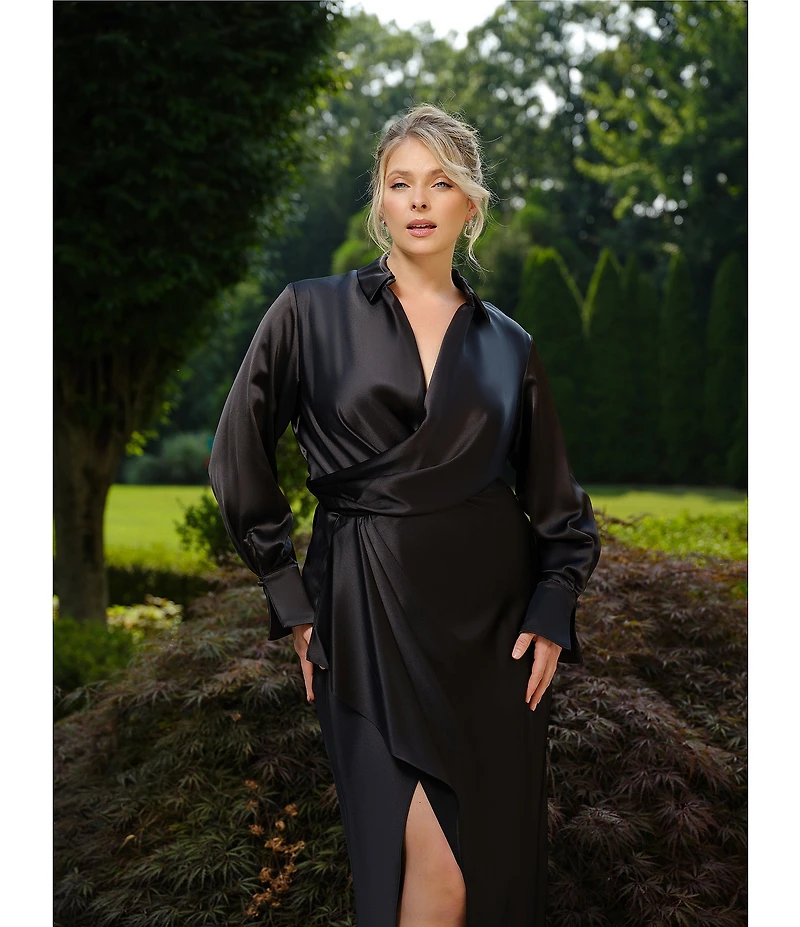 Xscape Plus Size Satin Long Sleeve Faux Wrap Gown