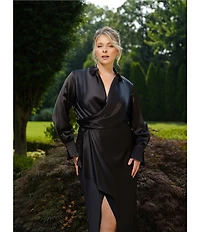 Xscape Plus Size Satin Long Sleeve Faux Wrap Gown