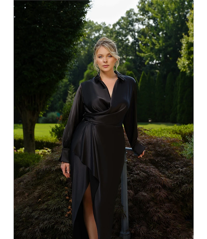 Xscape Plus Size Satin Long Sleeve Faux Wrap Gown