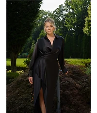 Xscape Plus Size Satin Long Sleeve Faux Wrap Gown