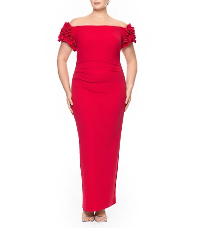 Xscape Plus Size Scuba Crepe Off-the-Shoulder Short Ruffle Sleeves Ruched Gown