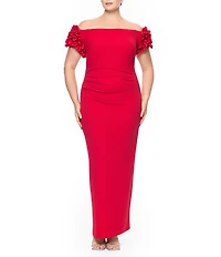 Xscape Plus Size Scuba Crepe Off-the-Shoulder Short Ruffle Sleeves Ruched Gown