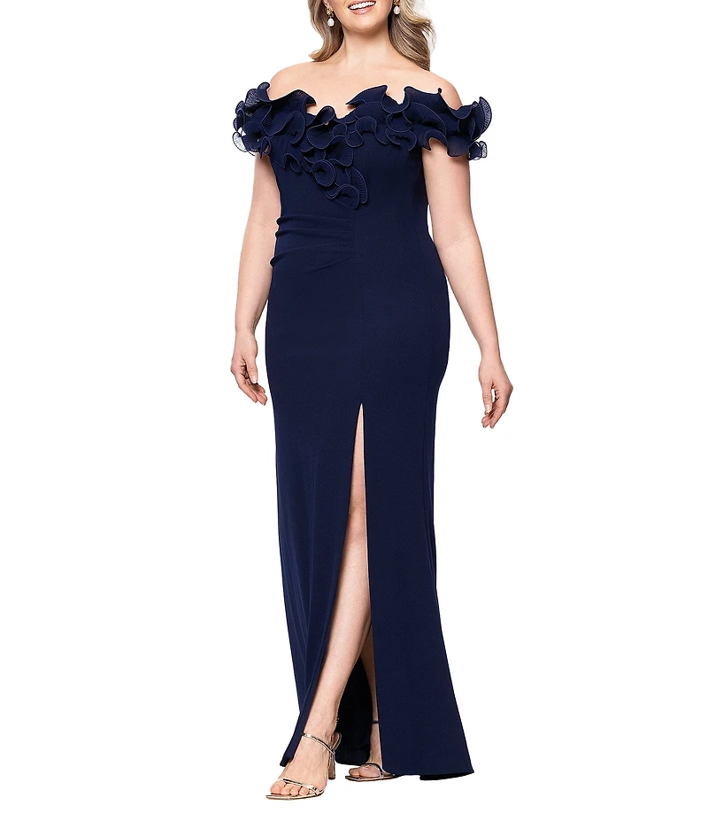 Xscape Plus Size Scuba Crepe Ruffle Off The Shoulder Neck Ruched Gown