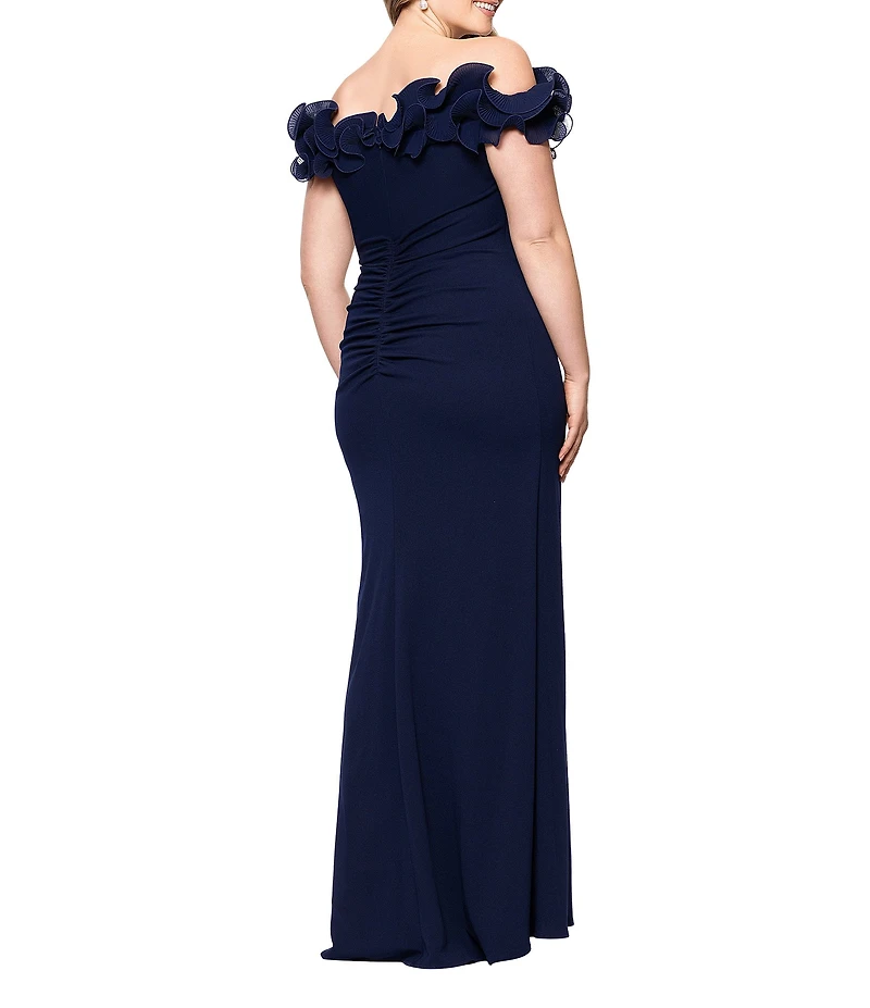 Xscape Plus Size Scuba Crepe Ruffle Off The Shoulder Neck Ruched Gown
