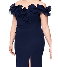 Xscape Plus Size Scuba Crepe Ruffle Off The Shoulder Neck Ruched Gown