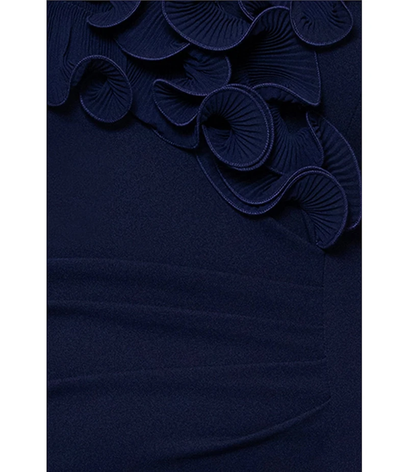 Xscape Plus Size Scuba Crepe Ruffle Off The Shoulder Neck Ruched Gown