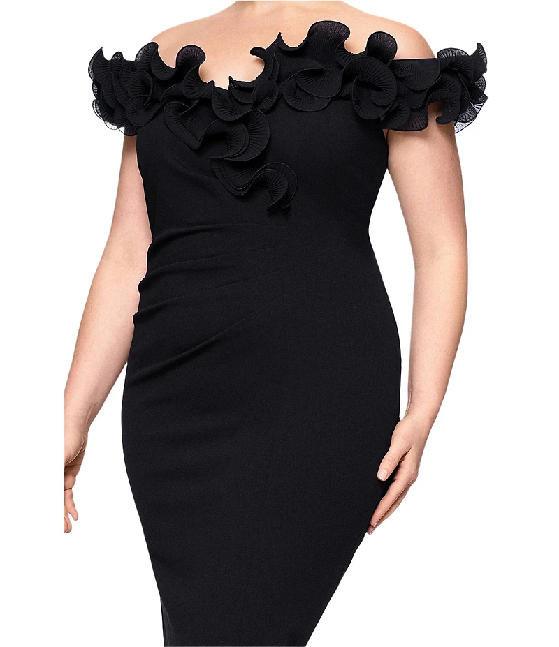 Xscape Plus Size Scuba Crepe V-Neck Sleeveless Wire Ruffle Trim Ruched Back Dress