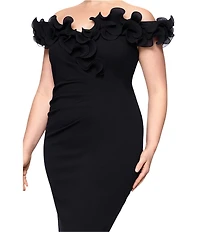 Xscape Plus Size Scuba Crepe V-Neck Sleeveless Wire Ruffle Trim Ruched Back Dress
