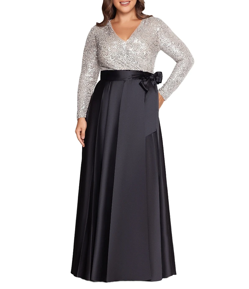 Xscape Plus Size Sequin Long Sleeve V-Neck Satin Skirt Gown