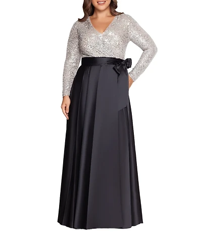 Xscape Plus Size Sequin Long Sleeve V-Neck Satin Skirt Gown