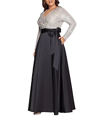 Xscape Plus Size Sequin Long Sleeve V-Neck Satin Skirt Gown