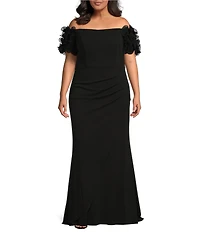 Xscape Plus Size Short Ruffled Sleeve Off-The-Shoulder Scuba Crepe Gown