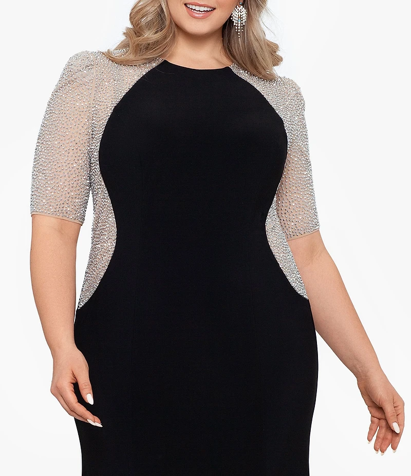 Xscape Plus Size Short Sleeve Crew Neck Beaded Gown