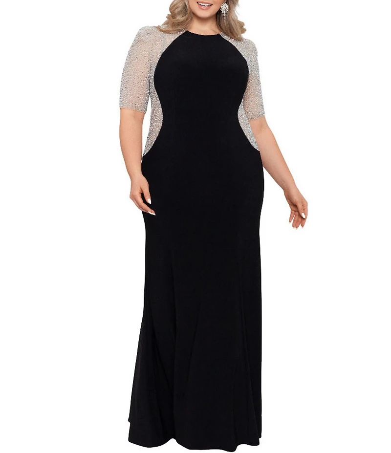 Xscape Plus Size Short Sleeve Crew Neck Beaded Gown