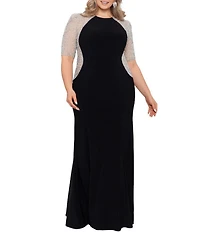 Xscape Plus Size Short Sleeve Crew Neck Beaded Gown
