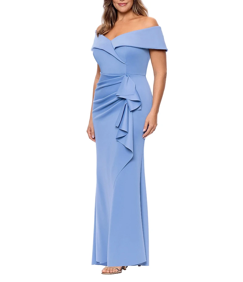 Xscape Plus Size Sleeveless Sweetheart Neck Cascade Ruffled Long Scuba Crepe Dress