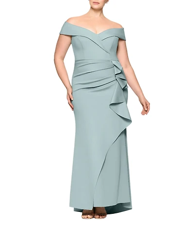 Xscape Plus Size Sleeveless Sweetheart Neck Cascade Ruffled Long Scuba Crepe Dress