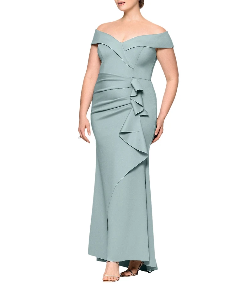 Xscape Plus Size Sleeveless Sweetheart Neck Cascade Ruffled Long Scuba Crepe Dress