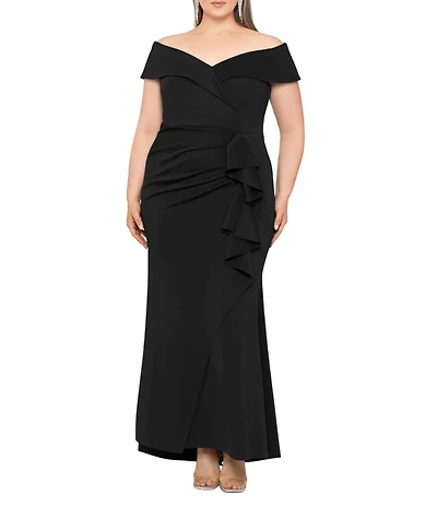 Xscape Plus Size Sleeveless Sweetheart Neck Cascade Ruffled Long Scuba Crepe Dress