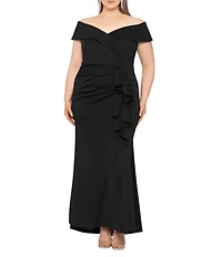 Xscape Plus Size Sleeveless Sweetheart Neck Cascade Ruffled Long Scuba Crepe Dress