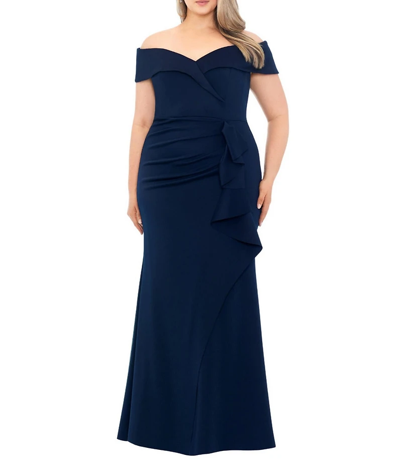 Xscape Plus Size Sleeveless Sweetheart Neck Cascade Ruffled Long Scuba Crepe Dress