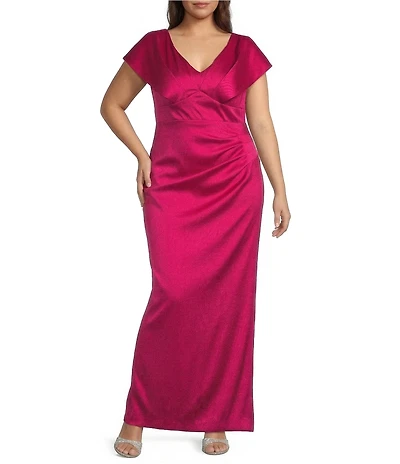 Xscape Plus Size Stretch Arcadia V-Neck Short Sleeve Side Rouching Gown