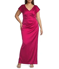 Xscape Plus Size Stretch Arcadia V-Neck Short Sleeve Side Rouching Gown