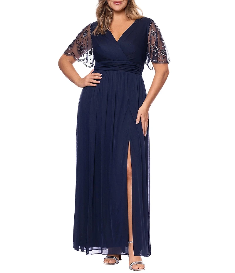 Xscape Plus Size Surplice Neck Floral Beaded Sleeve Long Gown