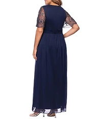 Xscape Plus Size Surplice Neck Floral Beaded Sleeve Long Gown