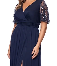 Xscape Plus Size Surplice Neck Floral Beaded Sleeve Long Gown