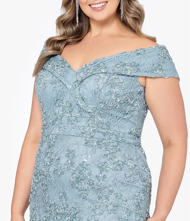 Xscape Plus Size Sweetheart Off-The-Shoulder Embroidered Lace Gown