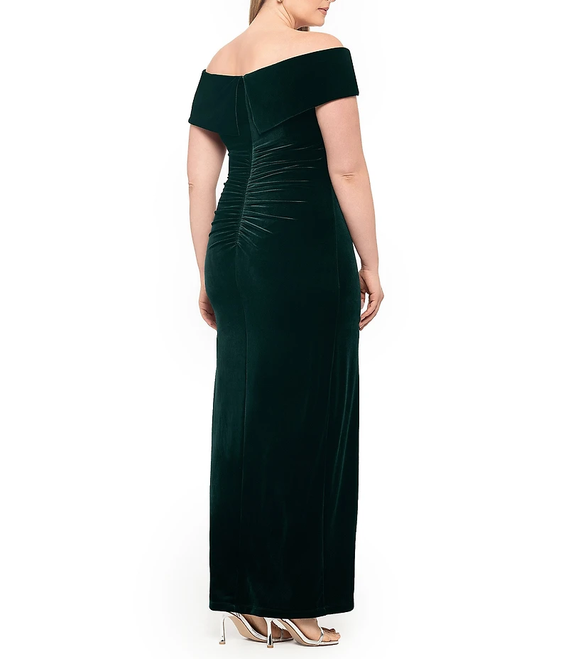Xscape Plus Size Velvet Off-The-Shoulder Cap Sleeves Ruched Long Gown