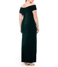 Xscape Plus Size Velvet Off-The-Shoulder Cap Sleeves Ruched Long Gown