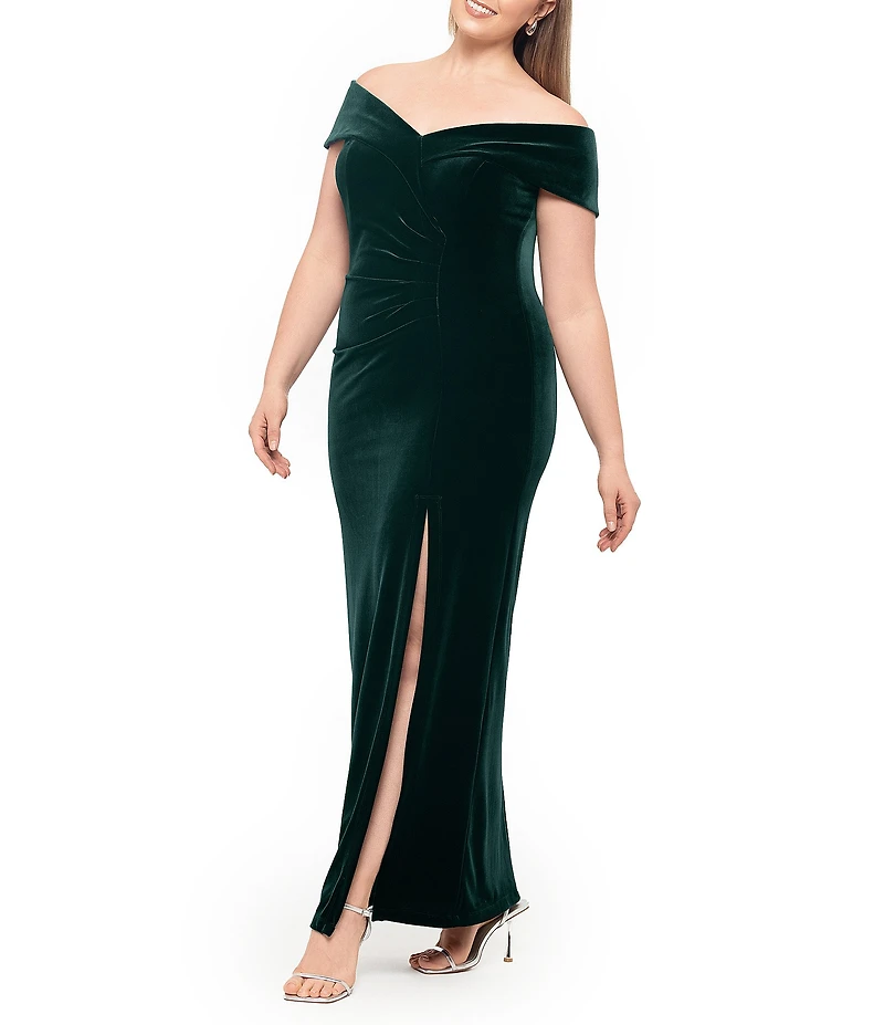 Xscape Plus Size Velvet Off-The-Shoulder Cap Sleeves Ruched Long Gown