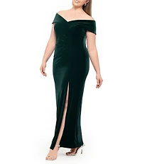 Xscape Plus Size Velvet Off-The-Shoulder Cap Sleeves Ruched Long Gown