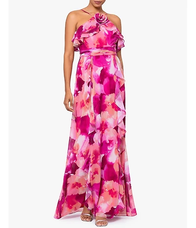 Xscape Printed Halter Neck Sleeveless Rosette Ruffle Gown