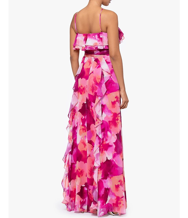 Xscape Printed Halter Neck Sleeveless Rosette Ruffle Gown