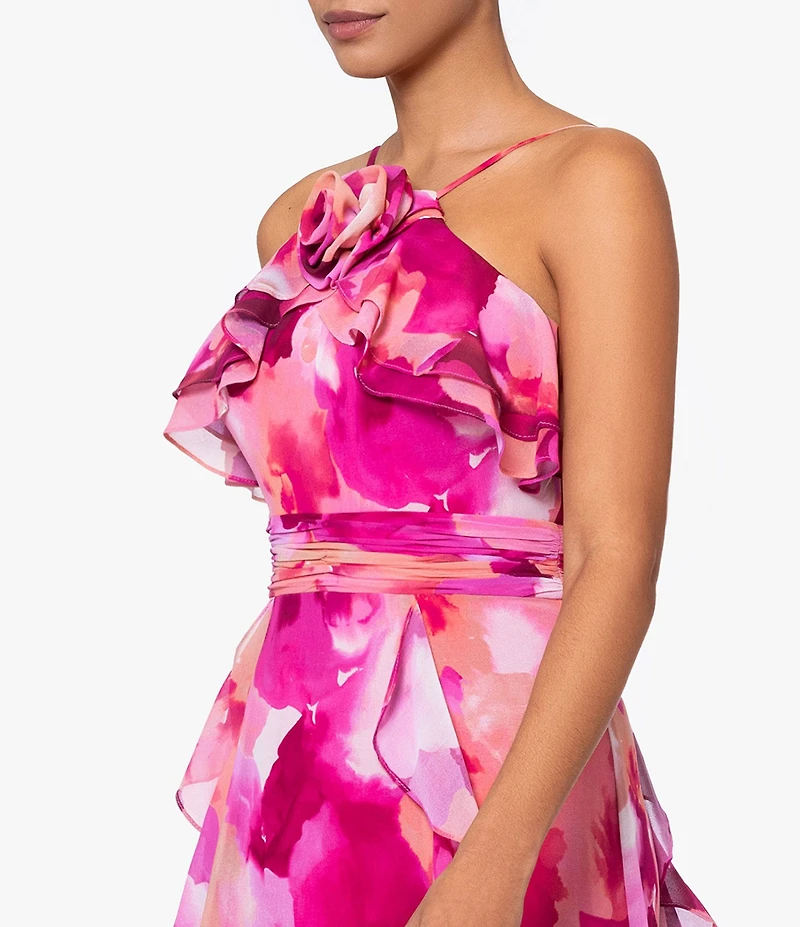 Xscape Printed Halter Neck Sleeveless Rosette Ruffle Gown
