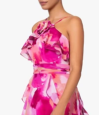 Xscape Printed Halter Neck Sleeveless Rosette Ruffle Gown