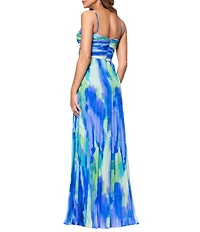 Xscape Abstract Print Pleated Chiffon Halter Neckline Sleeveless Maxi Dress