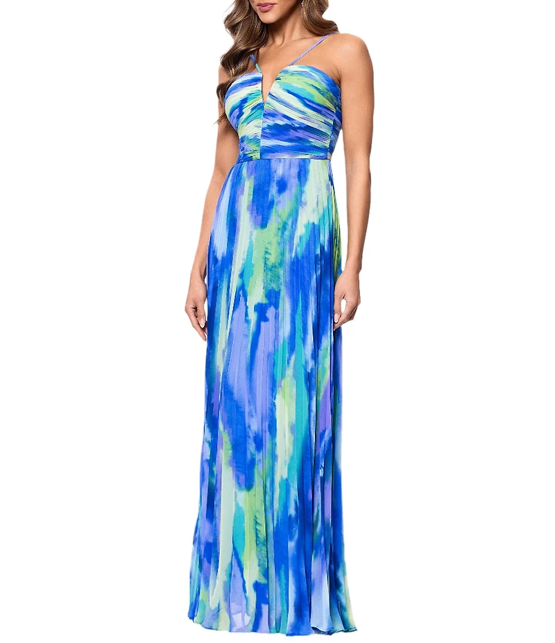 Xscape Abstract Print Pleated Chiffon Halter Neckline Sleeveless Maxi Dress