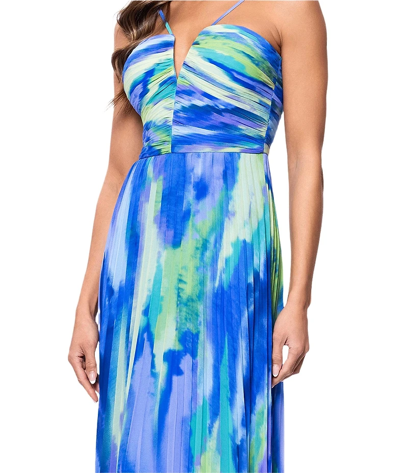 Xscape Abstract Print Pleated Chiffon Halter Neckline Sleeveless Maxi Dress