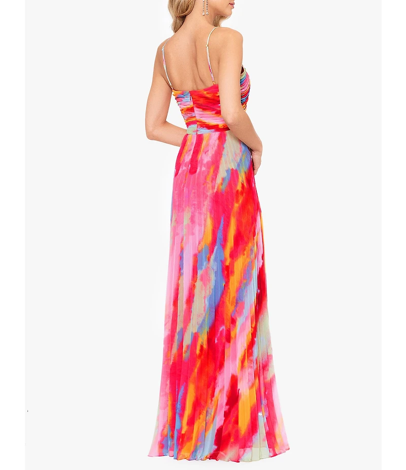 Xscape Abstract Print Pleated Chiffon Halter Neckline Sleeveless Maxi Dress
