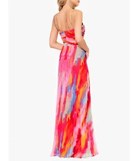 Xscape Abstract Print Pleated Chiffon Halter Neckline Sleeveless Maxi Dress