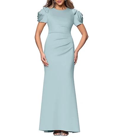 Xscape Rosette Short Sleeve Ruched Back Sheath Gown