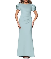 Xscape Rosette Short Sleeve Ruched Back Sheath Gown