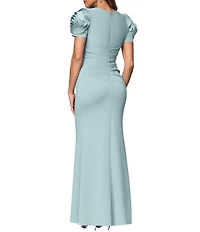 Xscape Rosette Short Sleeve Ruched Back Sheath Gown