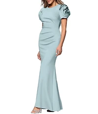 Xscape Rosette Short Sleeve Ruched Back Sheath Gown