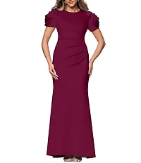 Xscape Rosette Short Sleeve Ruched Back Sheath Gown